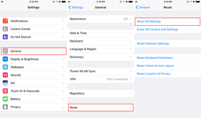 iPhone reset all setting