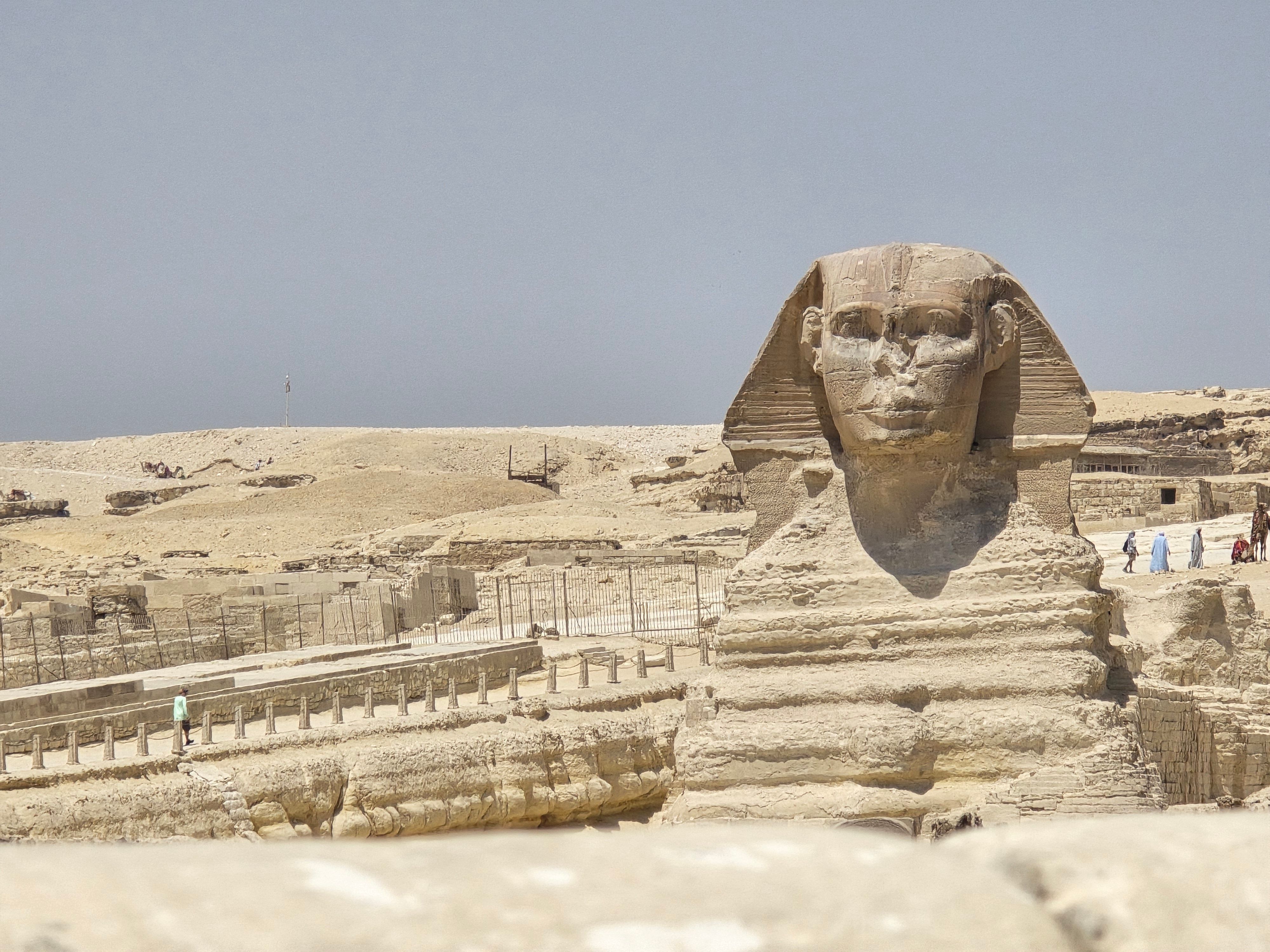 The Great Sphinx of Giza in Egypt surrounded by sandy desert on a clear day